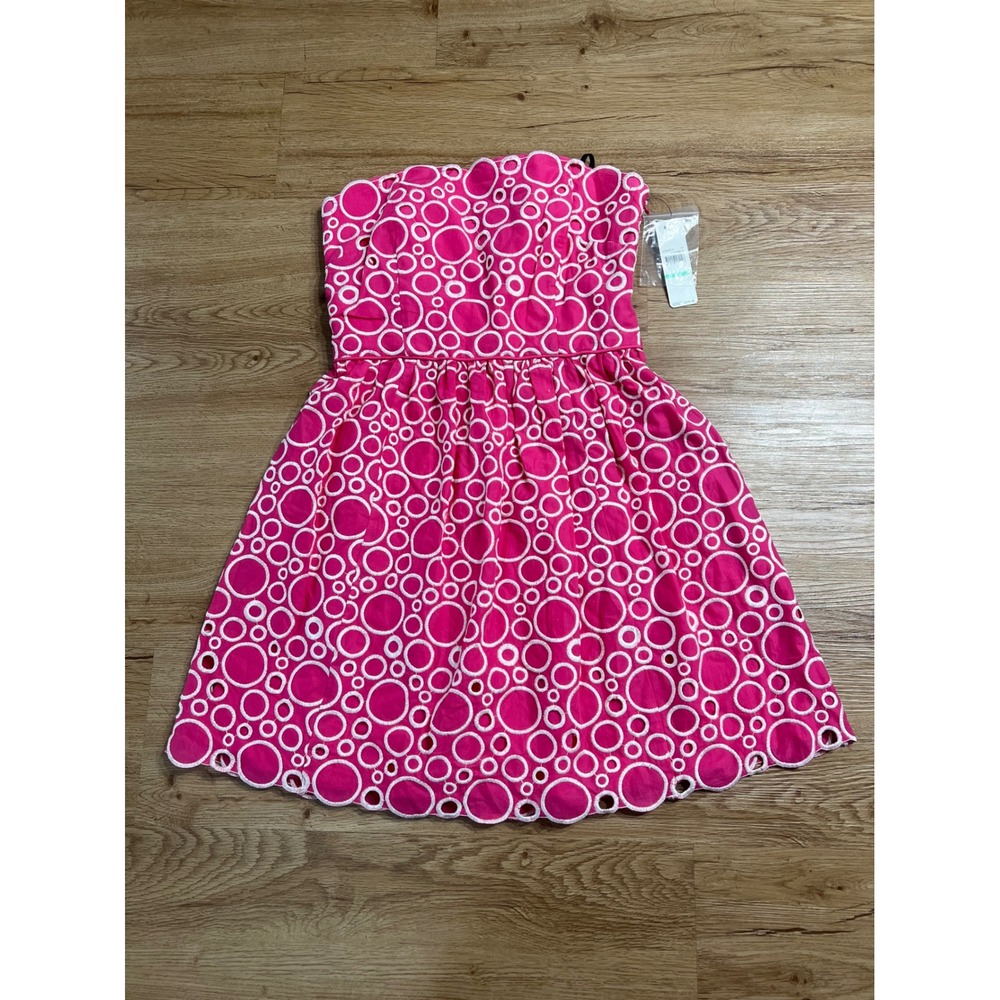 Laundry Shelli Segal Dress 8 Pink Watermelon Eyelet Strapless Fit Flare NWT $245